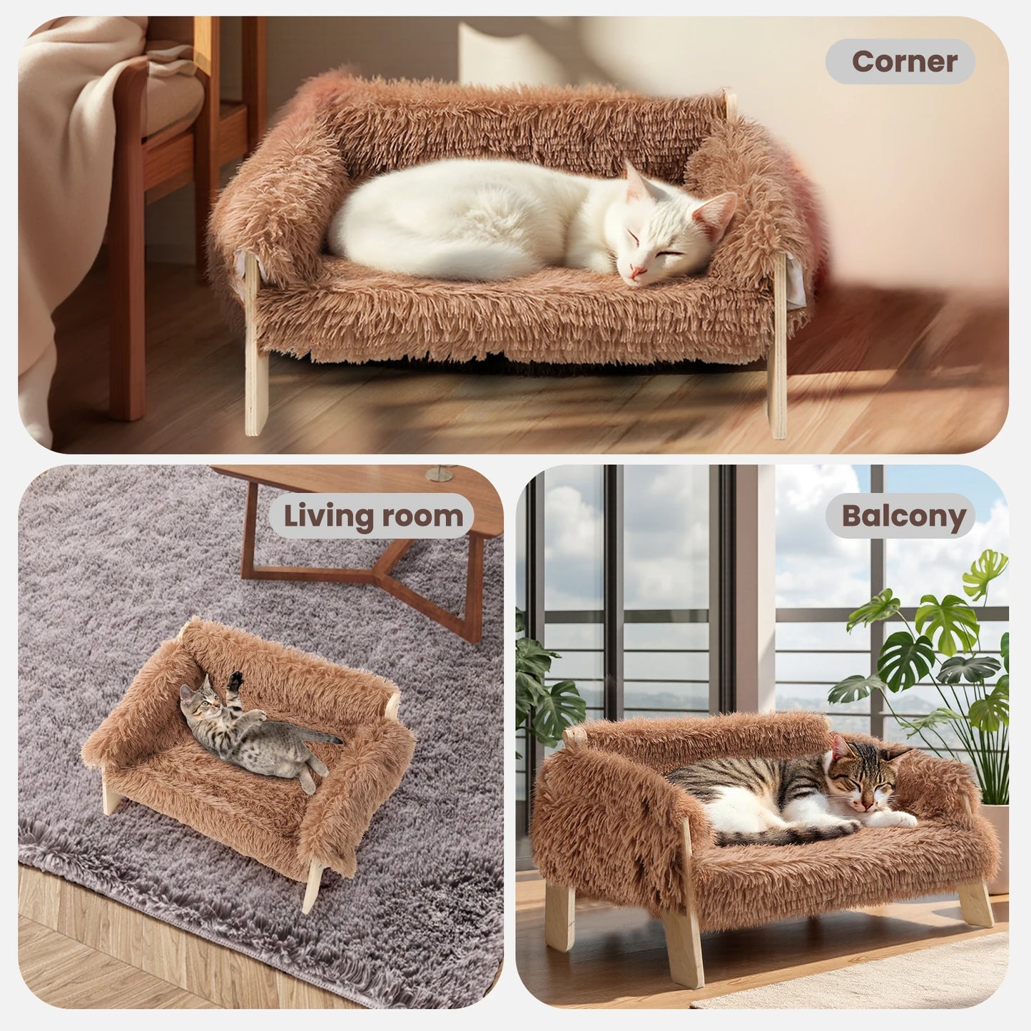 Large Raised Plush Cat Sofa Bed with Wooden Legs