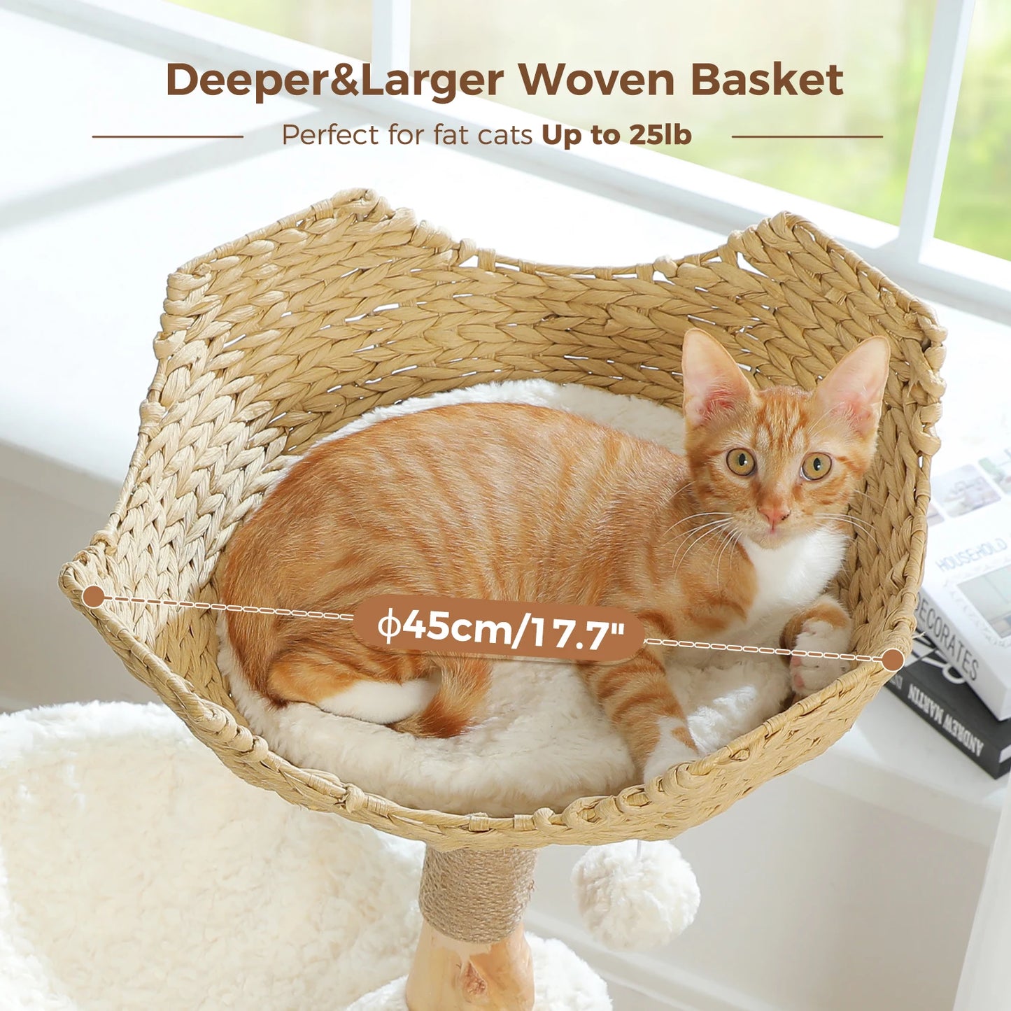 Modern Solid Wood Cat Tree with Wicker Basket & Condo