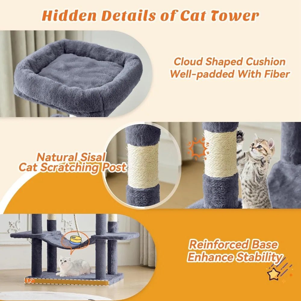 66 Inch Cat Tree Tower, Multi-Level Cat Climbing Tower with Sisal Scratching Posts, Hammock, Pet Condo for Indoor Cats, Dark Grey