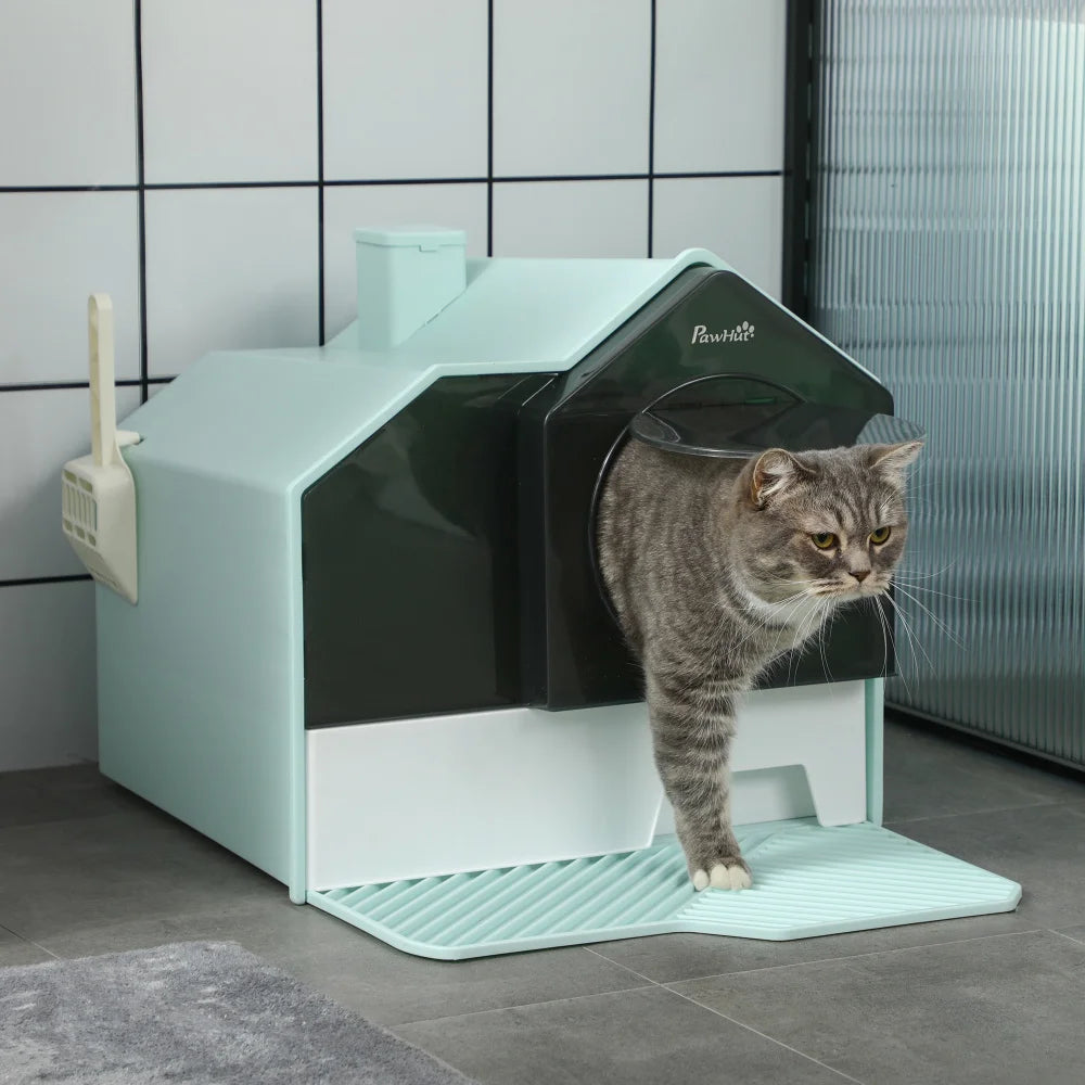 PawHut Hooded Cat Litter Box with Kitty Litter Mat, Odor Control, Easy-Clean Pull-Out Drawer, Handle, Scoop, Light Blue