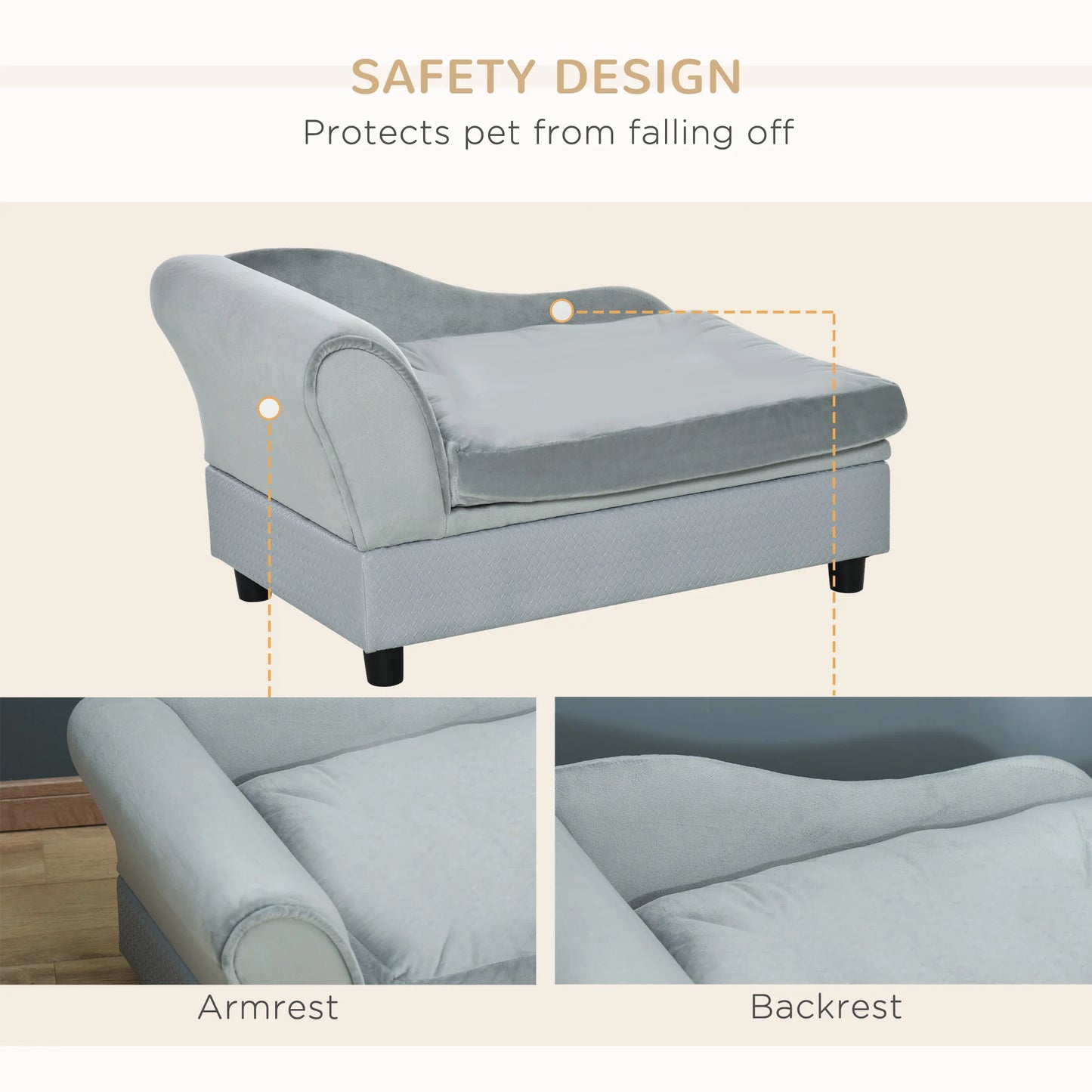 Luxury Dog Sofa Bed with Hidden Storage 2 Soft Foam Modern Pet Furniture for Puppies Pale Gray