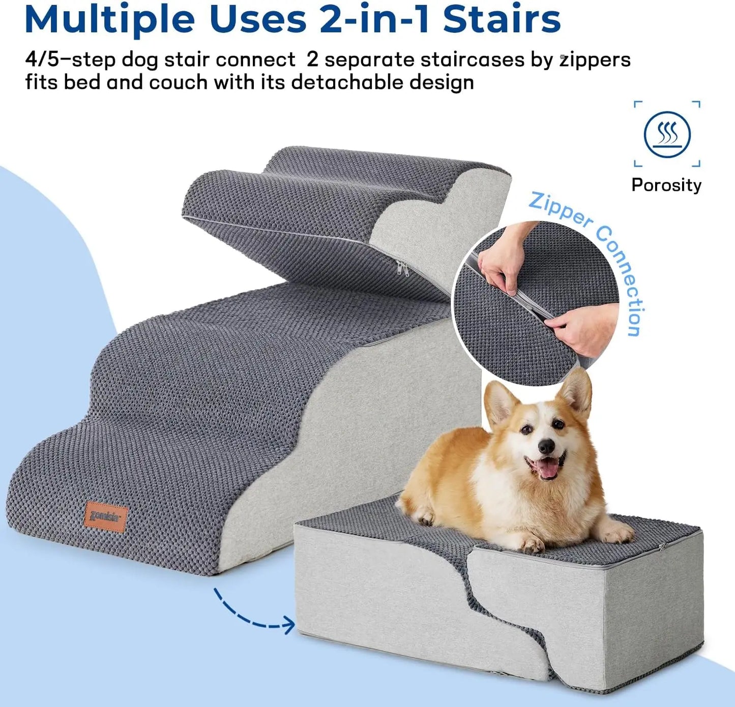5 Step Dog Stairs for High Beds Up to 25", Non-Slip Foam Pet Ramp, Grey