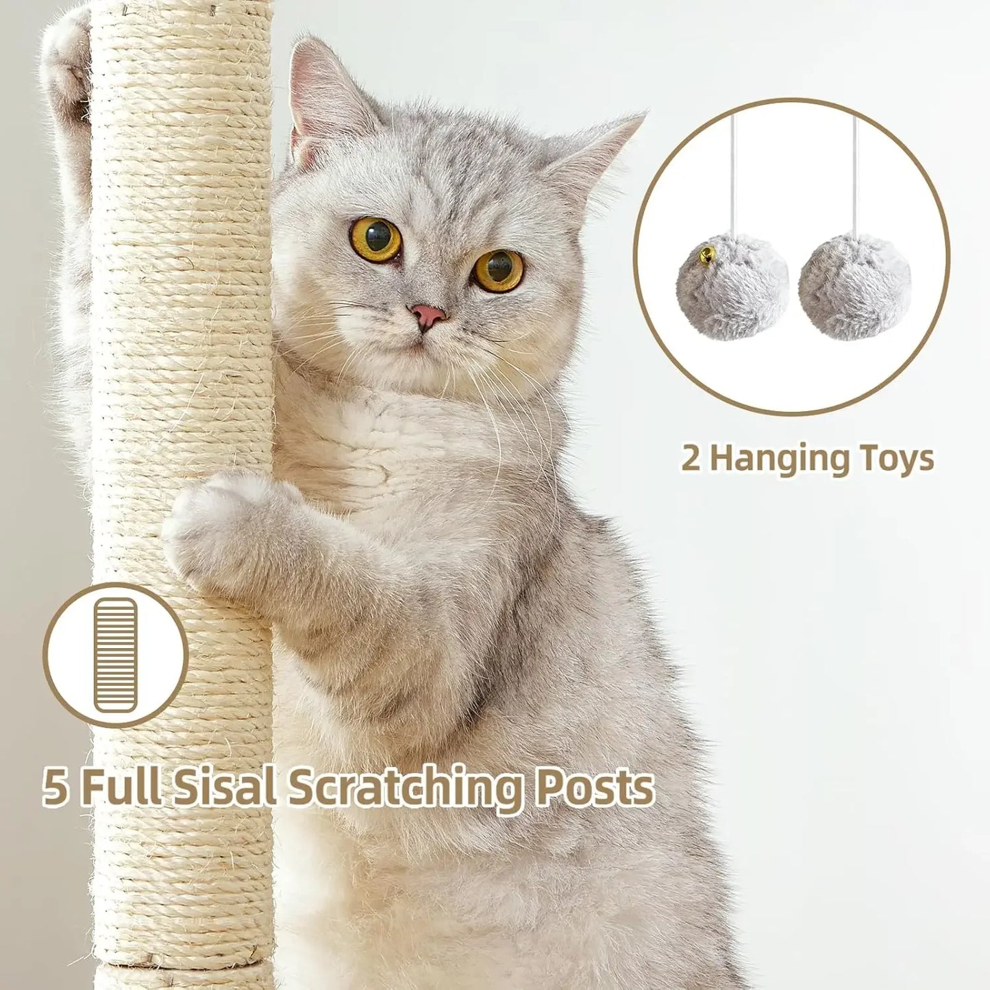 Cat Tree Tower Scratching Post for Indoor Large Cats, 28in with Perch Bed, Condo Cave, Toy Balls, Modern Climbing Furniture (Light Gray)