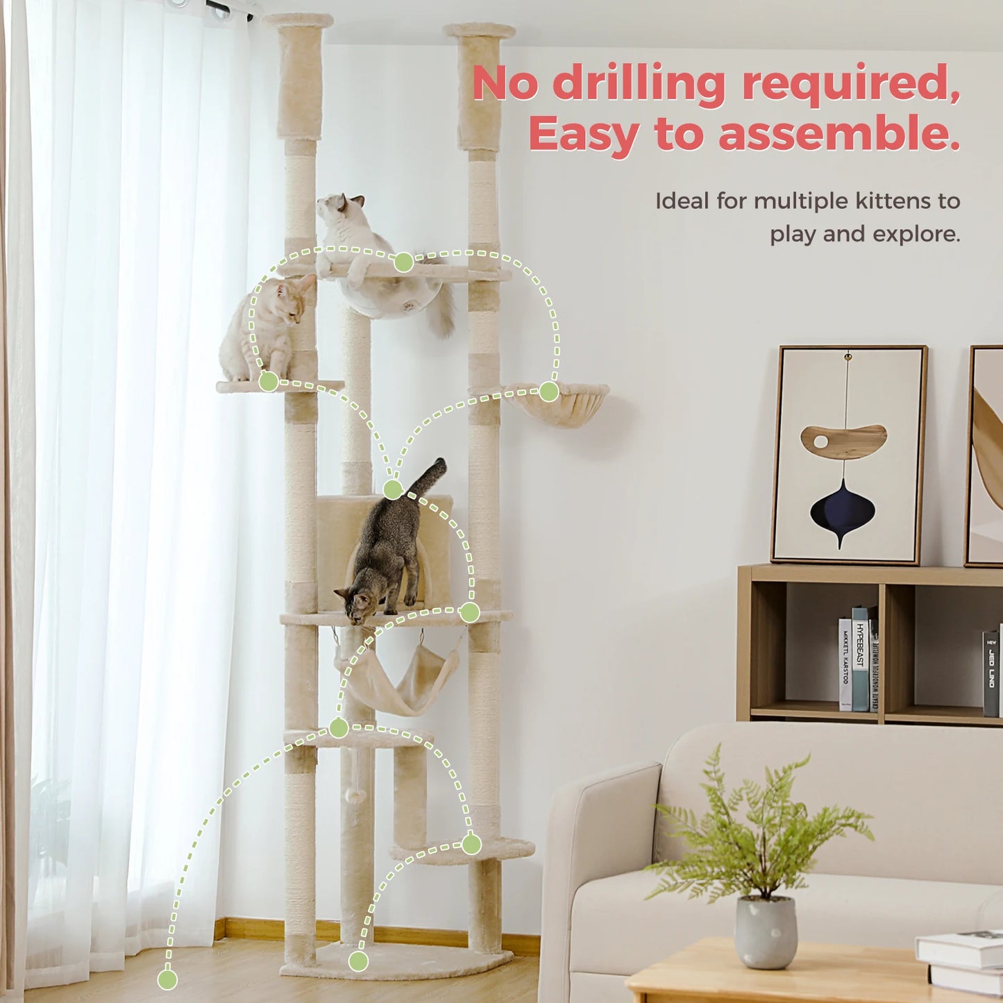 Tall Floor-to-Ceiling Cat Tree with Scratching Posts & Hammock