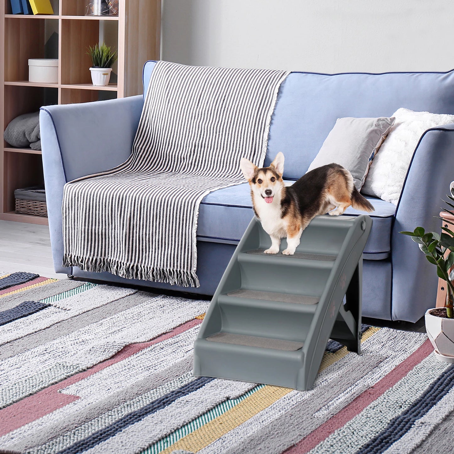 Dog Stairs Foldable Pet Steps Ramp Ladder Anti-Slip w/4 Step for High Bed Sofa