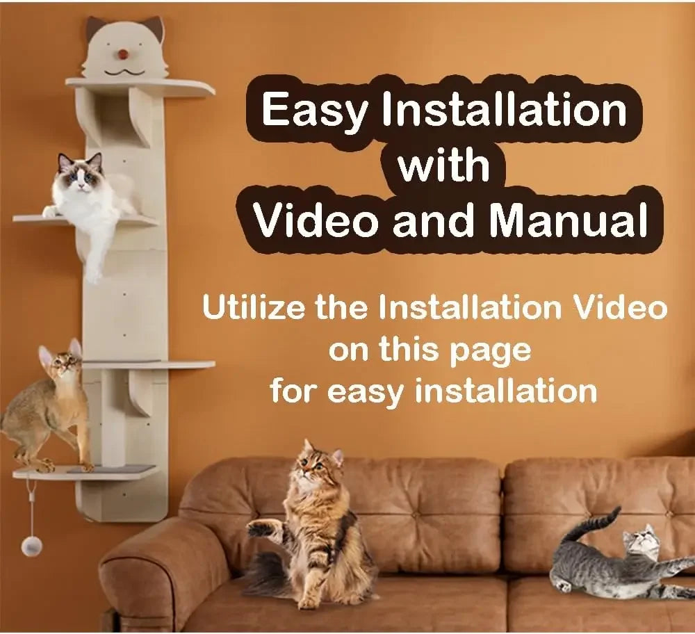 Wall-Mounted Cat Shelves Set - 4 Steps, Solid Wood, Hammock & Perch