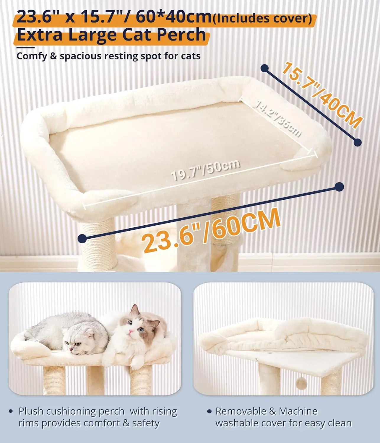 28" Cat Tree with Large Bed for Big Cats, Scratching Post & Hammock, Stable Design, Beige