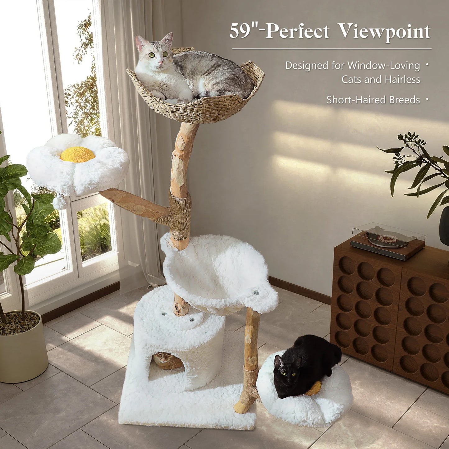 Large Modern Cat Tree Tower with Sisal Posts & Wicker Basket Bed