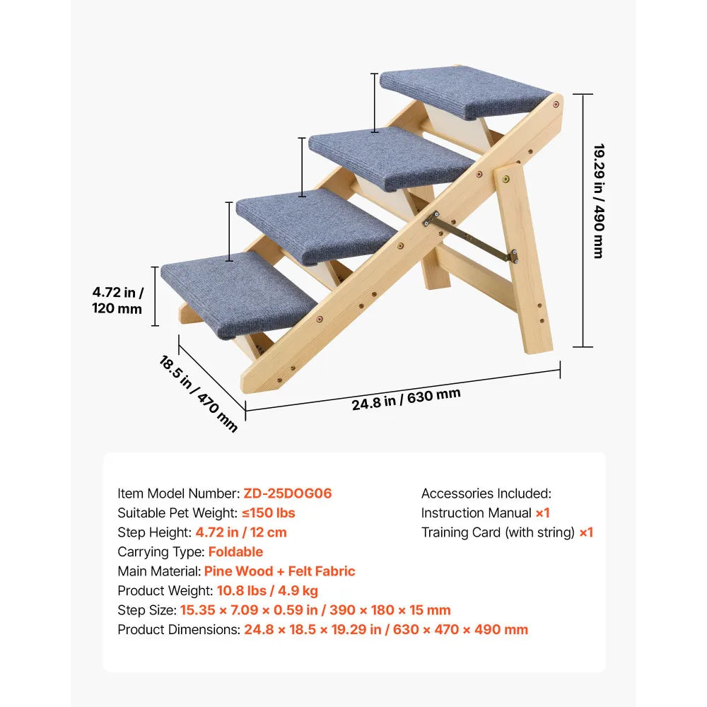 Ye Wood Pet Stairs: 4-Step Dog Stairs for Beds, Sofa & Cars, 150lbs Capacity, Folded Flat Design, Stable Ladder for Small, Medium, Large & Older Pets