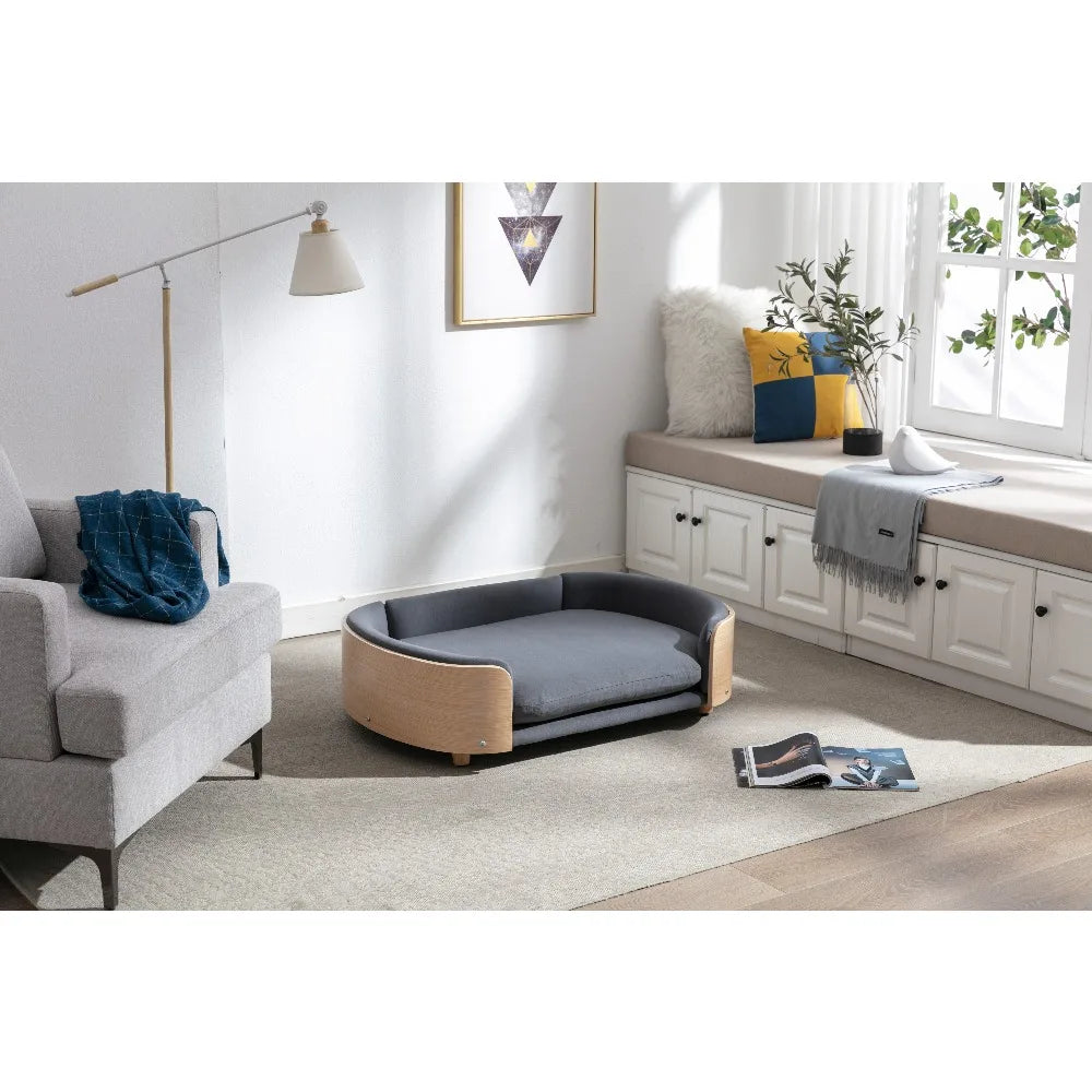 Scandinavian Style Elevated Dog Bed Pet Sofa with Solid Wood Legs, Bent Wood Back and Velvet Cushion, Large Size