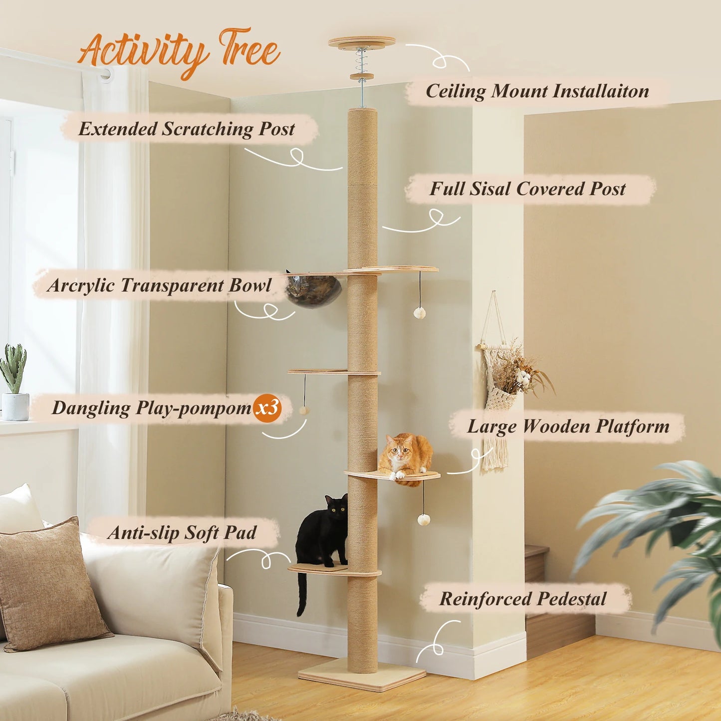 Floor-to-Ceiling Cat Tree with Scratching Posts & Acrylic Cave