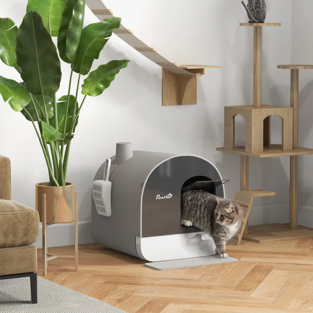 PawHut Cat Litter Box with Lid, Covered for Indoor Cats, Comes with Tray, Scoop, Filter, 17" x 17" x 18.5", Light Gray