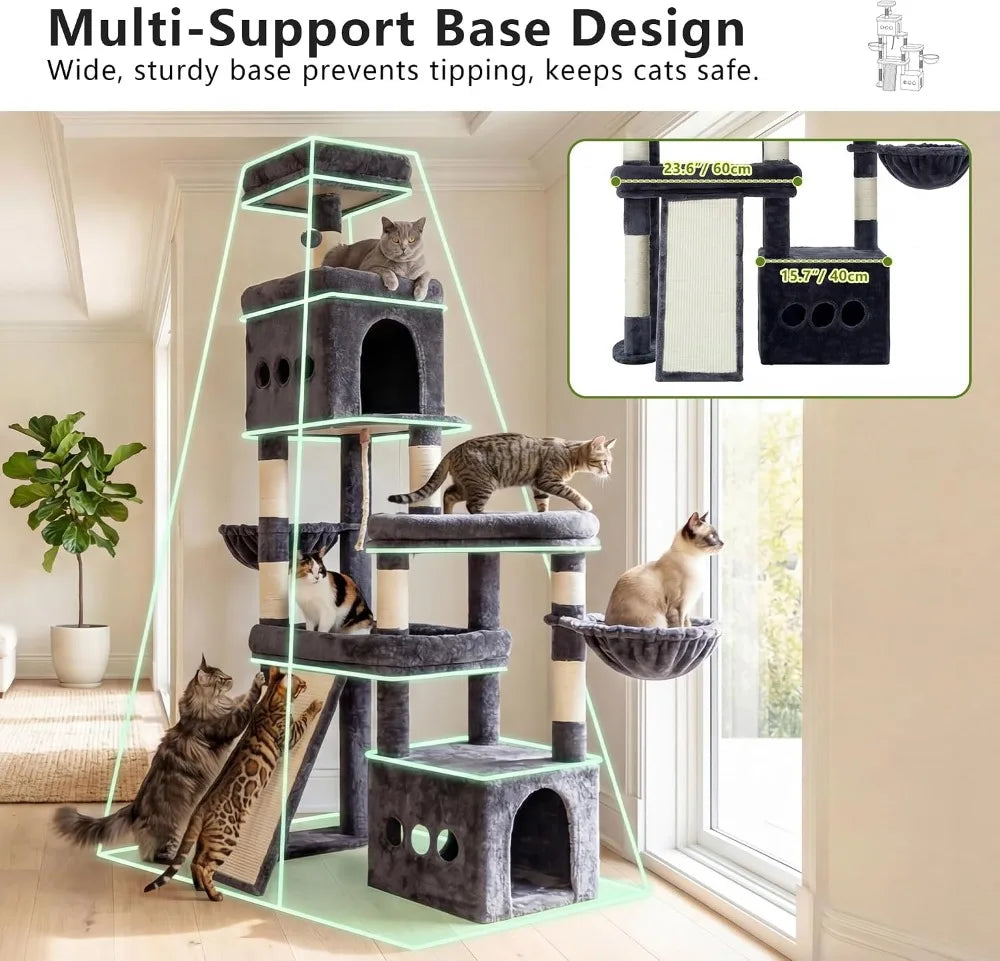 72.4" Anti-Tip Cat Tree for Large Cats, Spacious Perches, Sisal Scratching Board, Smoky Gray