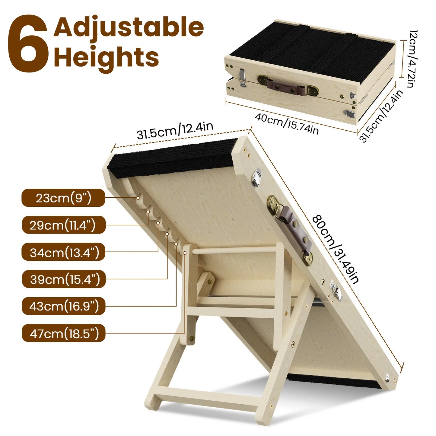 Wood Dog Ramp for Bed, 6-Level Adjustable Height (9" to 18.5") Pet Ramp with Non-Slip Surface for Couch, Bed and Car, Foldable Dog Stairs for Small Dogs, Senior Dogs & Injured Pets, Up to 33LBS