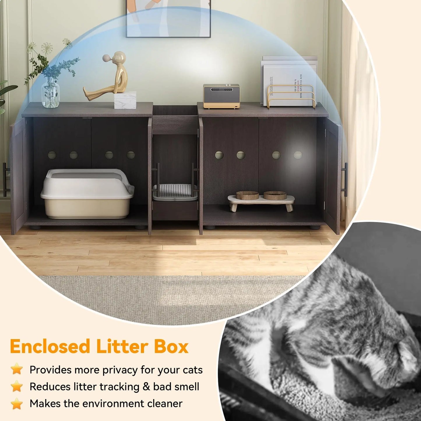 Cat Litter Box Enclosure for 2 Cats, 55" Hiddden Litter Box Enclosure Furniture 3-in-1 Wooden Litter Cabinet with Barn Door & Do