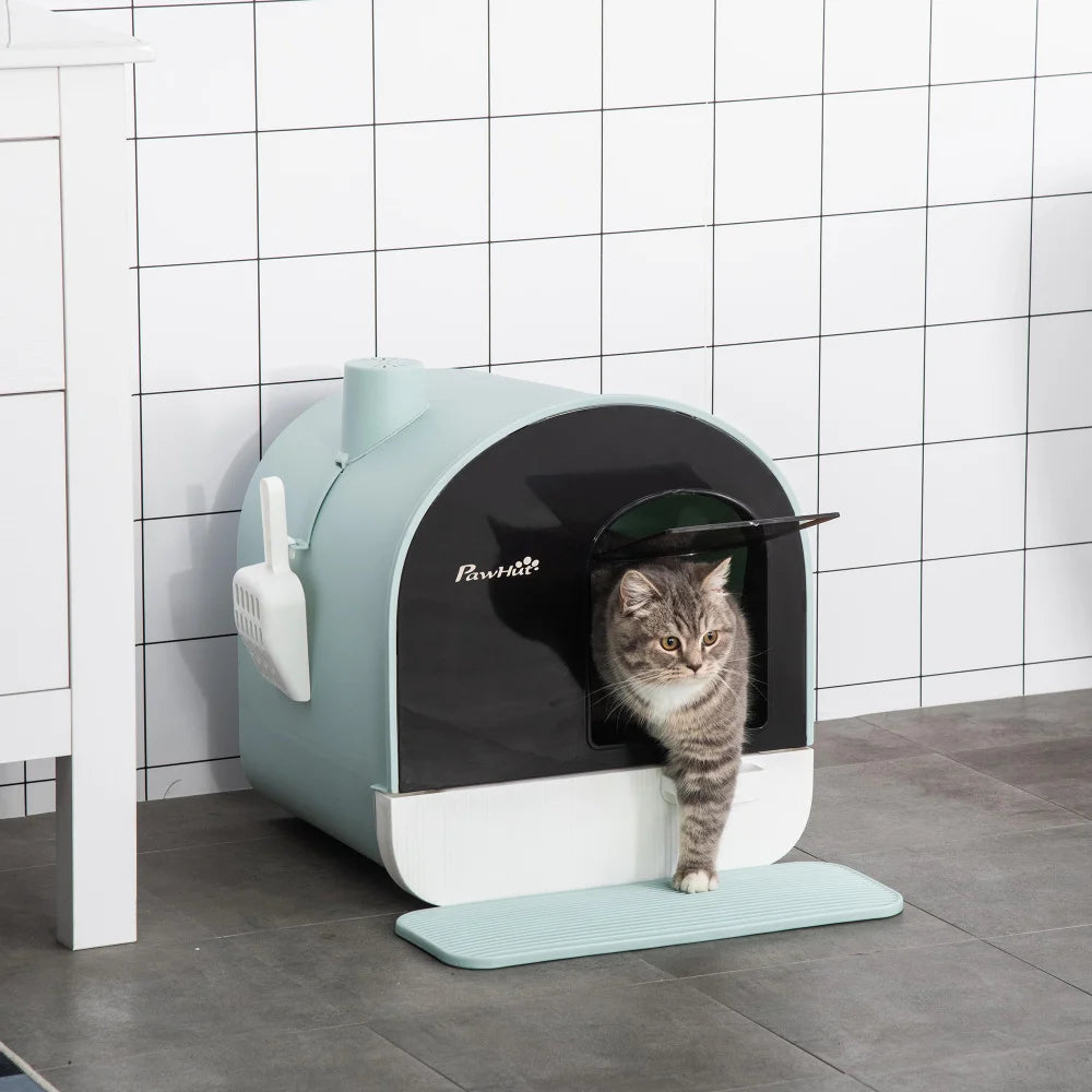 PawHut Cat Litter Box with Lid, Covered for Indoor Cats, Comes with Tray, Scoop, Filter, 17" x 17" x 18.5", Green