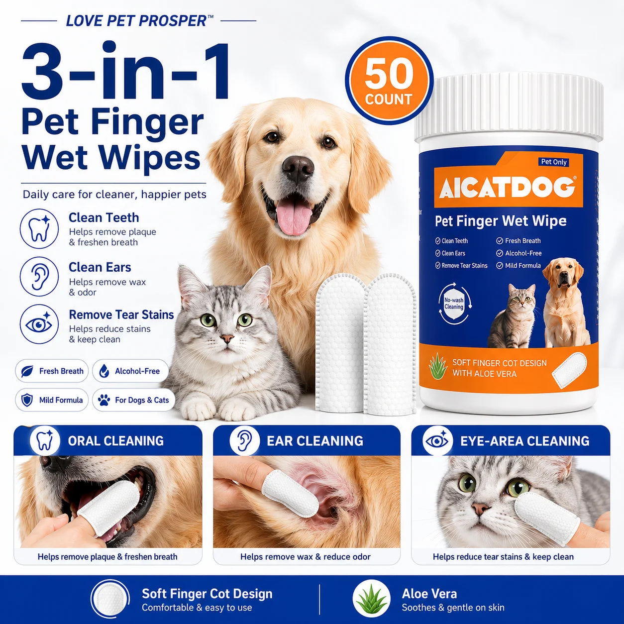 Pet Finger Wipes for Dogs & Cats, 50 Count Dog Dental Wipes & Cat Ear Wipes, Soft Finger Cot Pet Cleaning Wipes for Teeth, Ears & Tear Stains, Alcohol-Free Aloe Vera Grooming Wipes