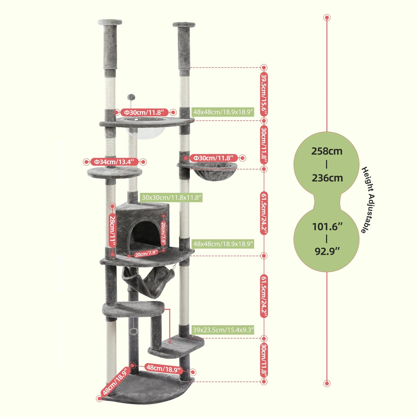 Floor-to-Ceiling Cat Tree with Hammock & Sisal Scratching Posts