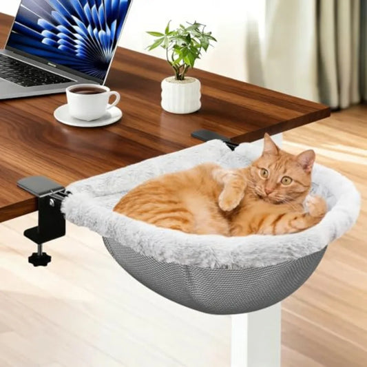 X- Cat Desk Bed 19"x15" Spacious Retreat, Dual Clamps and Sunken Hammock Design, Comfy Cat Desk Hammock with Faux Rabbit Fur Co
