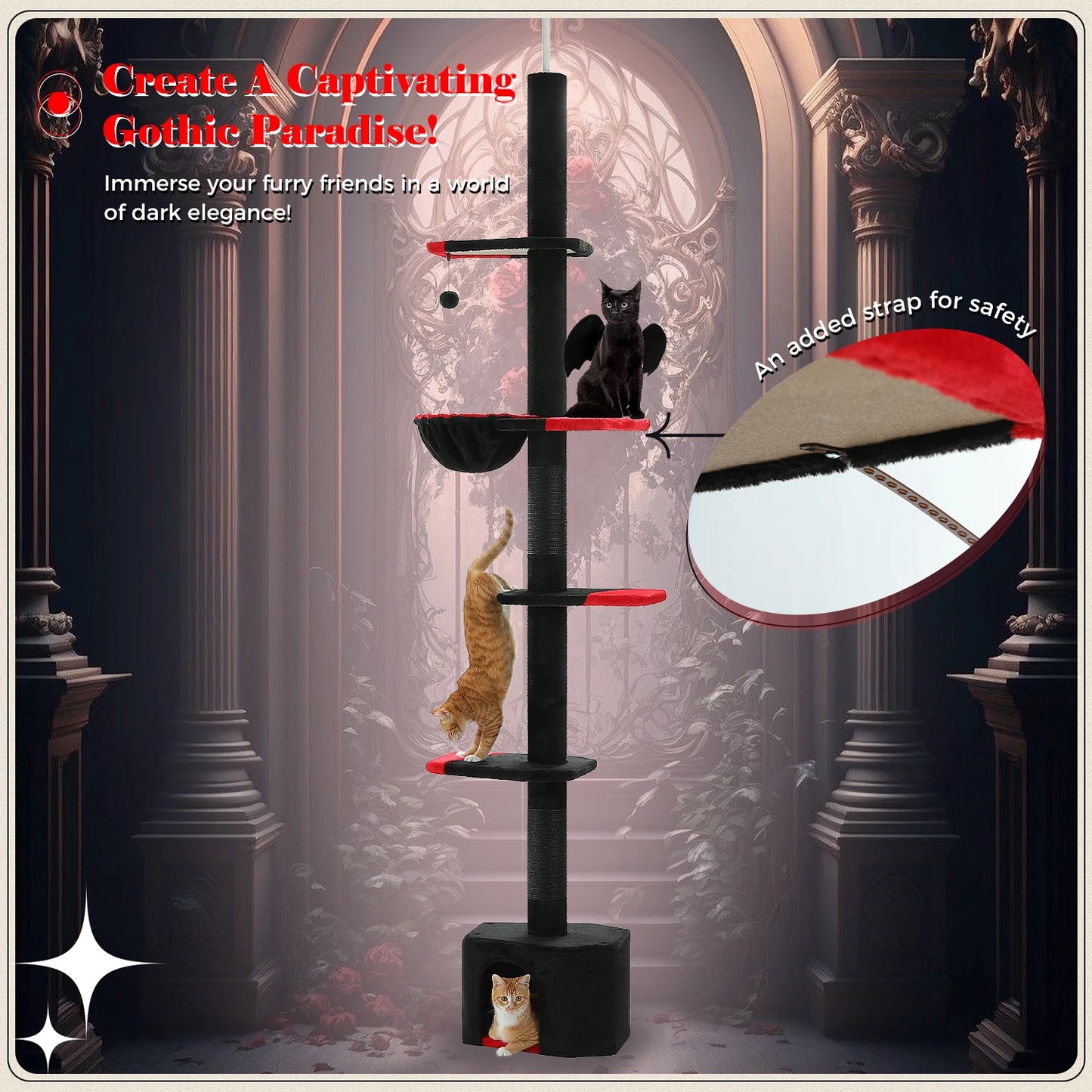 Adjustable Floor-to-Ceiling Cat Tree Tower with Condo & Hammock