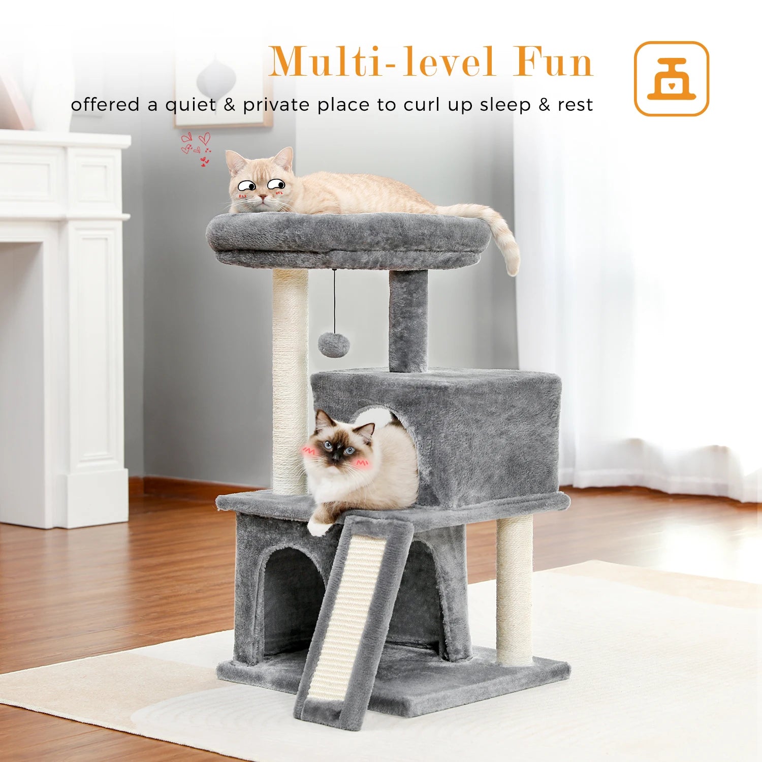 Multilevel Cat Tree Tower with Double Condos & Sisal Posts - front view