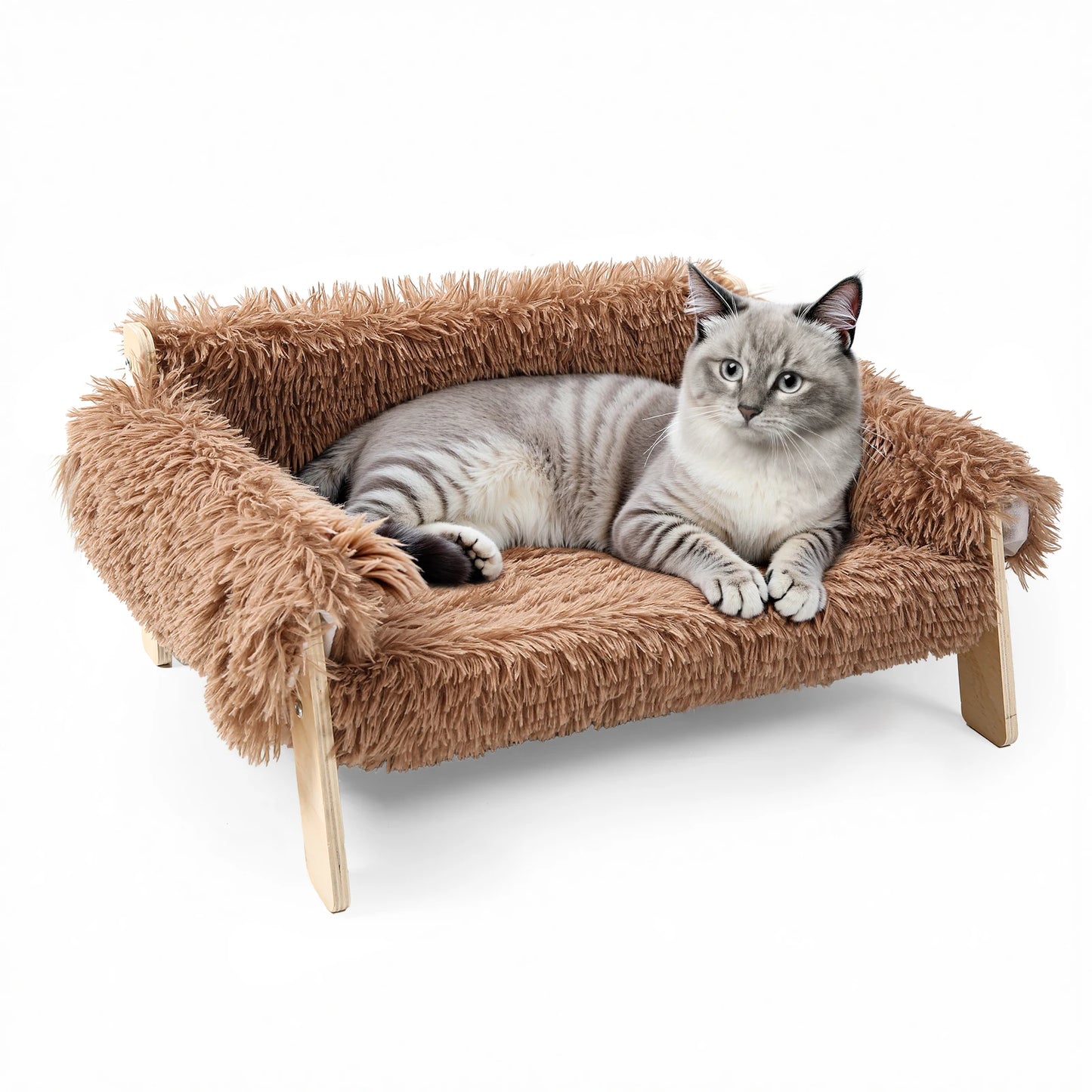 Large Raised Plush Cat Sofa Bed with Wooden Legs