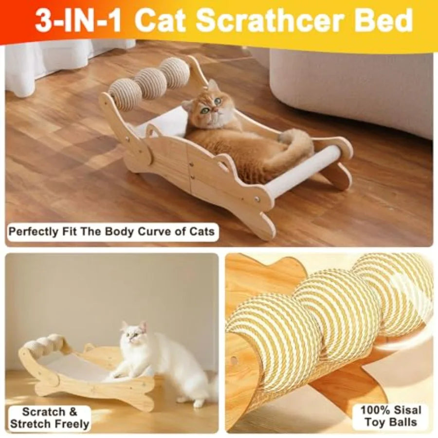 Cat Scratcher Bed, Heavy Duty Sisal Cat Scratching Post with Hammock for Indoor Cats, Natural Wood Cat Lounge for Sleeping and