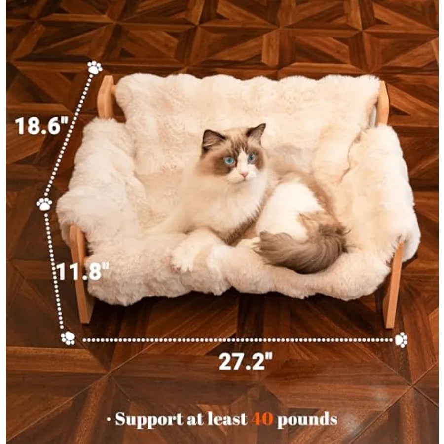 Elevated Cat Couch Bed for Indoor Cats, Wooden Cat Sofa with Removable Washable Fluffy Cover Raised Kitty Lounge Chair Suitable