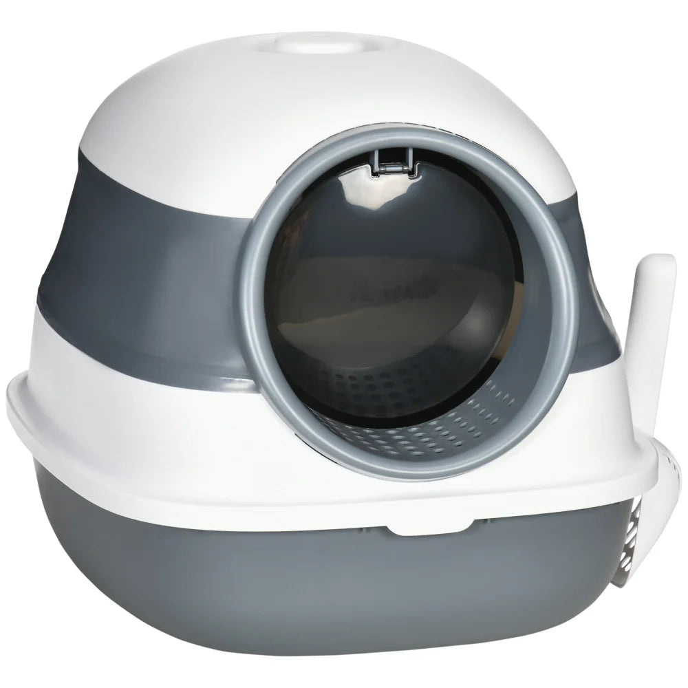 PawHut Cat Litter Box with Lid, High Sides, Air Freshener, Large Two-Way Entrance, Foldable, Easy Clean, White & Gray