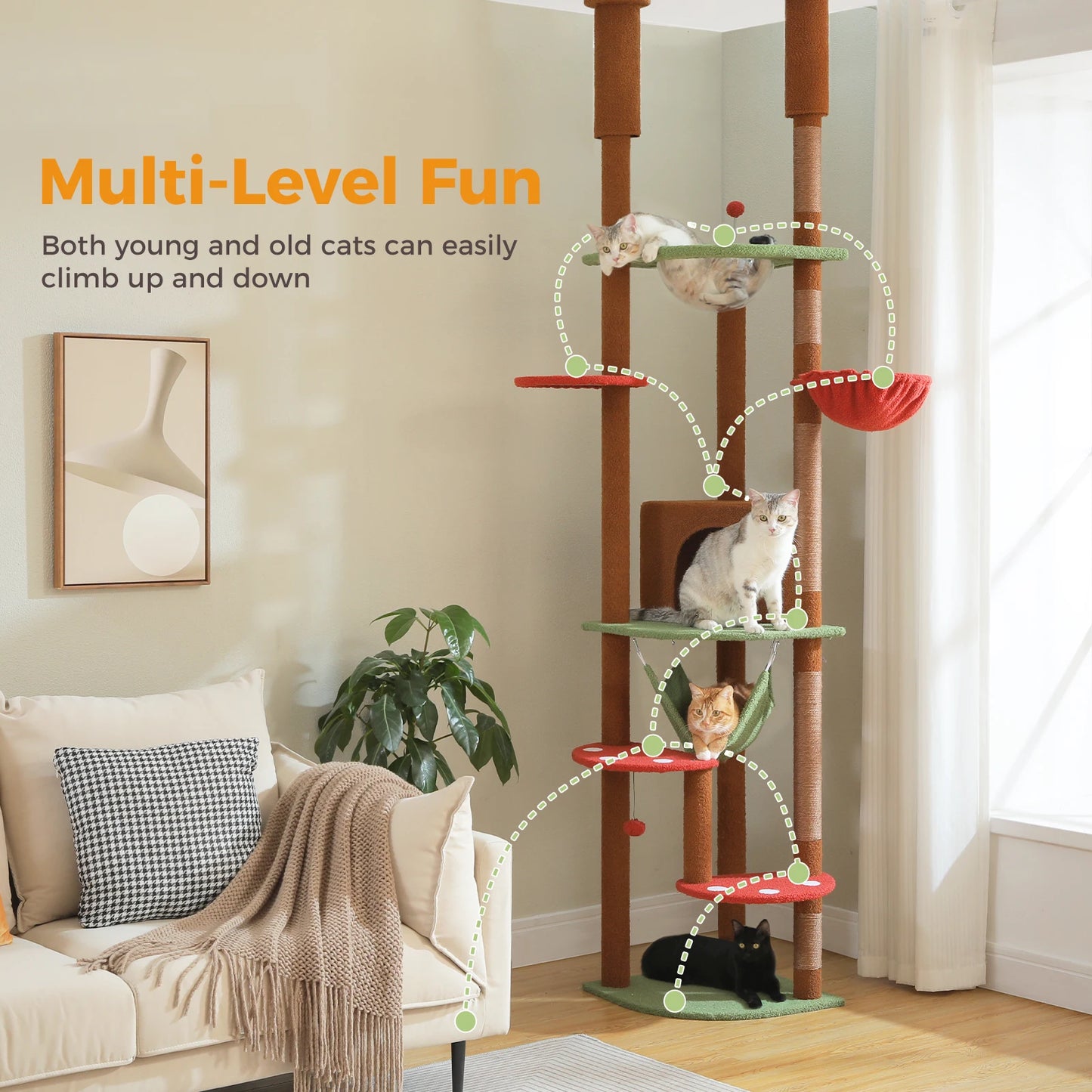 Floor-to-Ceiling Cat Tree with Hammock & Sisal Scratching Posts