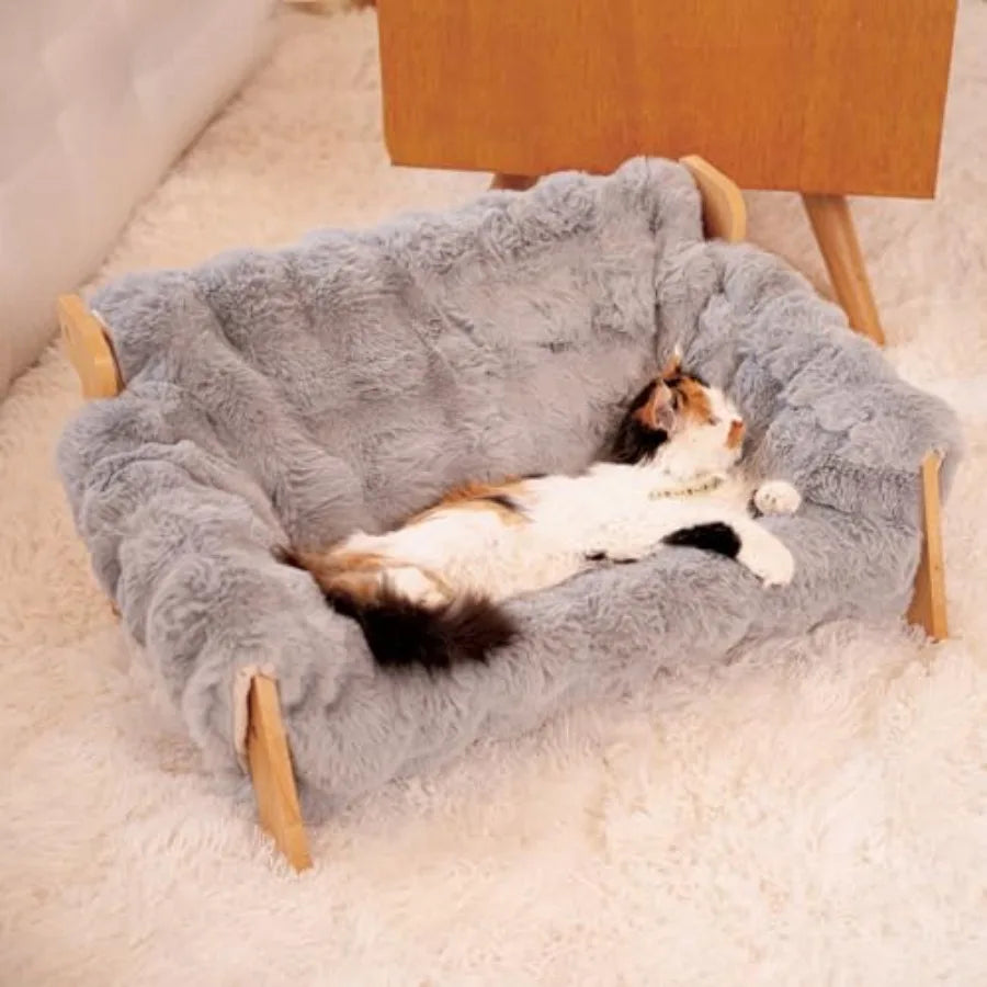Elevated Cat Couch Bed for Indoor Cats, Wooden Cat Sofa with Removable Washable Fluffy Cover Raised Kitty Lounge Chair Suitable