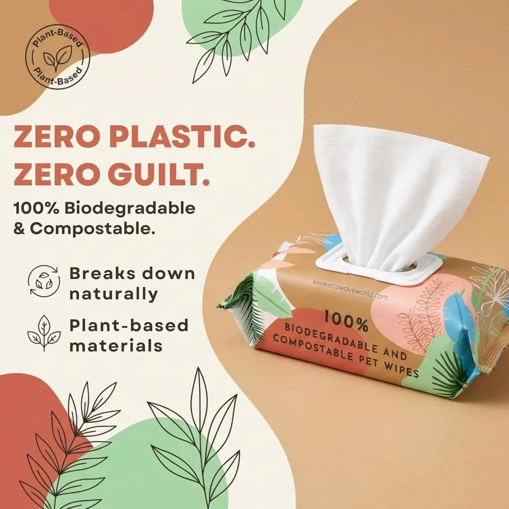 Plant-Based Pet Wipes, Hypoallergenic Dog & Cat Grooming Wipes for Face, Paws, Body, Unscented, Compostable, 100 Count