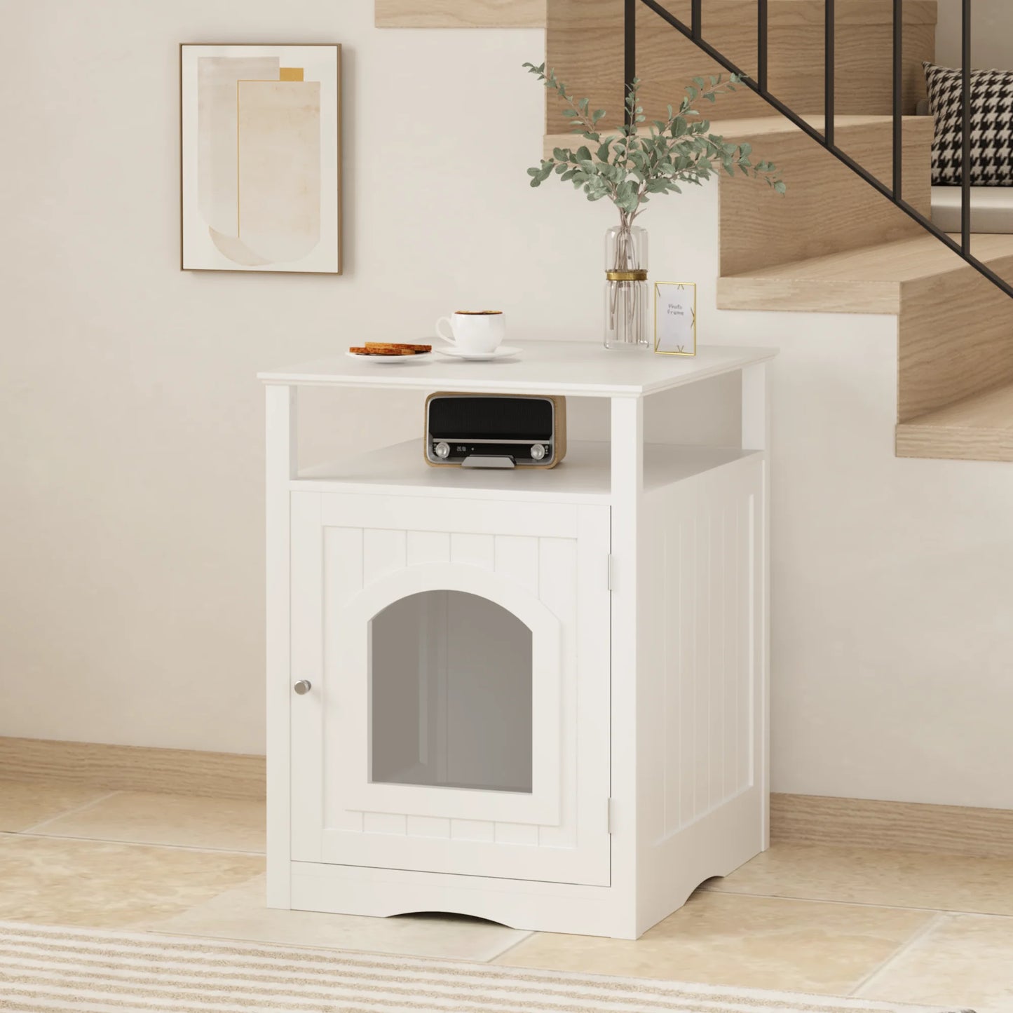 Hidden Cat Litter Box Enclosure Wooden Indoor Cat House Furniture Cabinet with Storage Shelf Modern Nightstand Side Table White