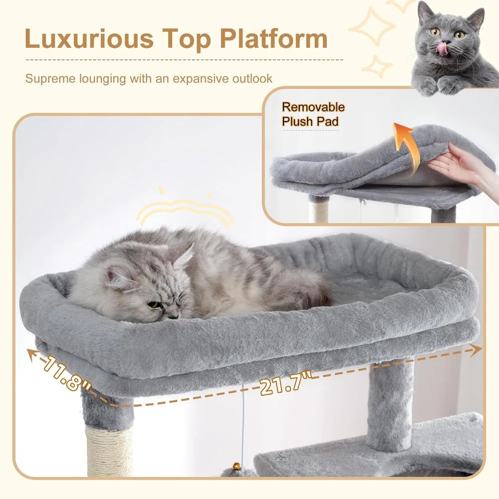 76" Cat Tree for Large Cats, Heavy Duty with Extra Wide Base, Multi-Level with 2 Condos & Hammocks, 10 Scratching Posts, Light Gray