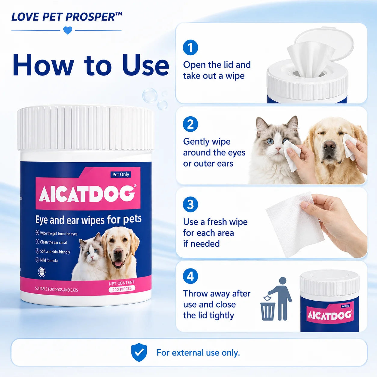 OVE PET PROSPER Pet Eye & Ear Wipes for Dogs and Cats, 200 Count, Alcohol-Free pH Balanced Grooming Wipes with Vitamin B5, Gentle Tear Stain, Eye Crust & Outer Ear Cleaner