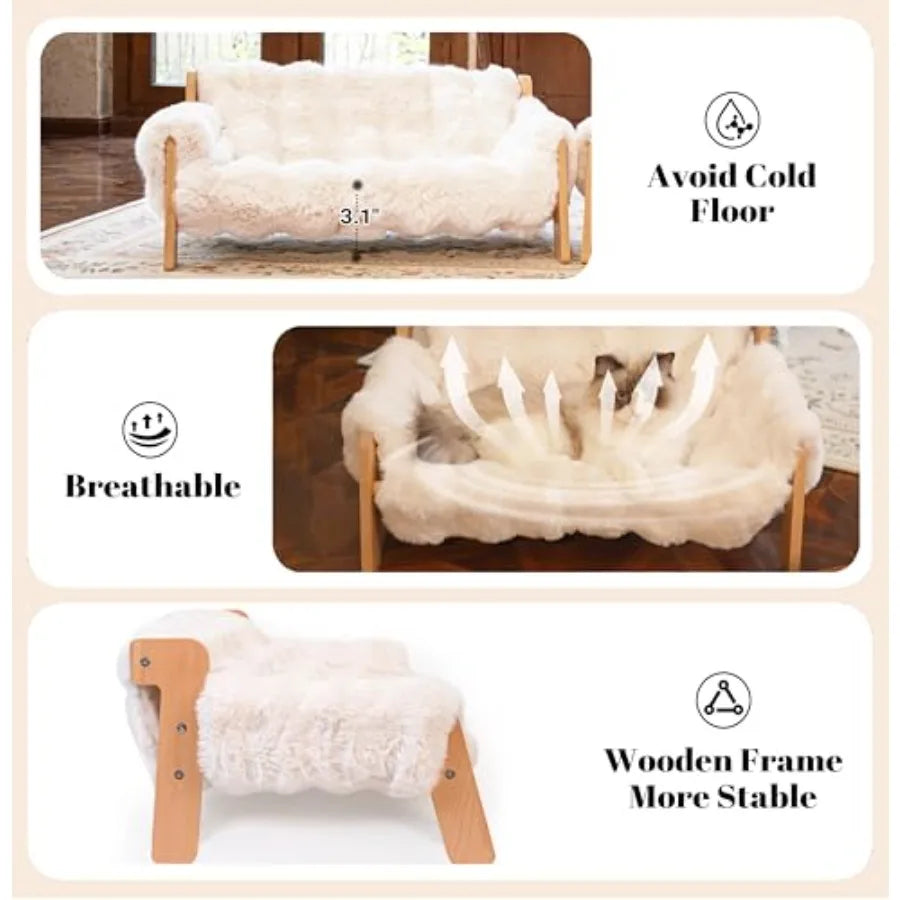 Elevated Cat Couch Bed for Indoor Cats, Wooden Cat Sofa with Removable Washable Fluffy Cover Raised Kitty Lounge Chair Suitable