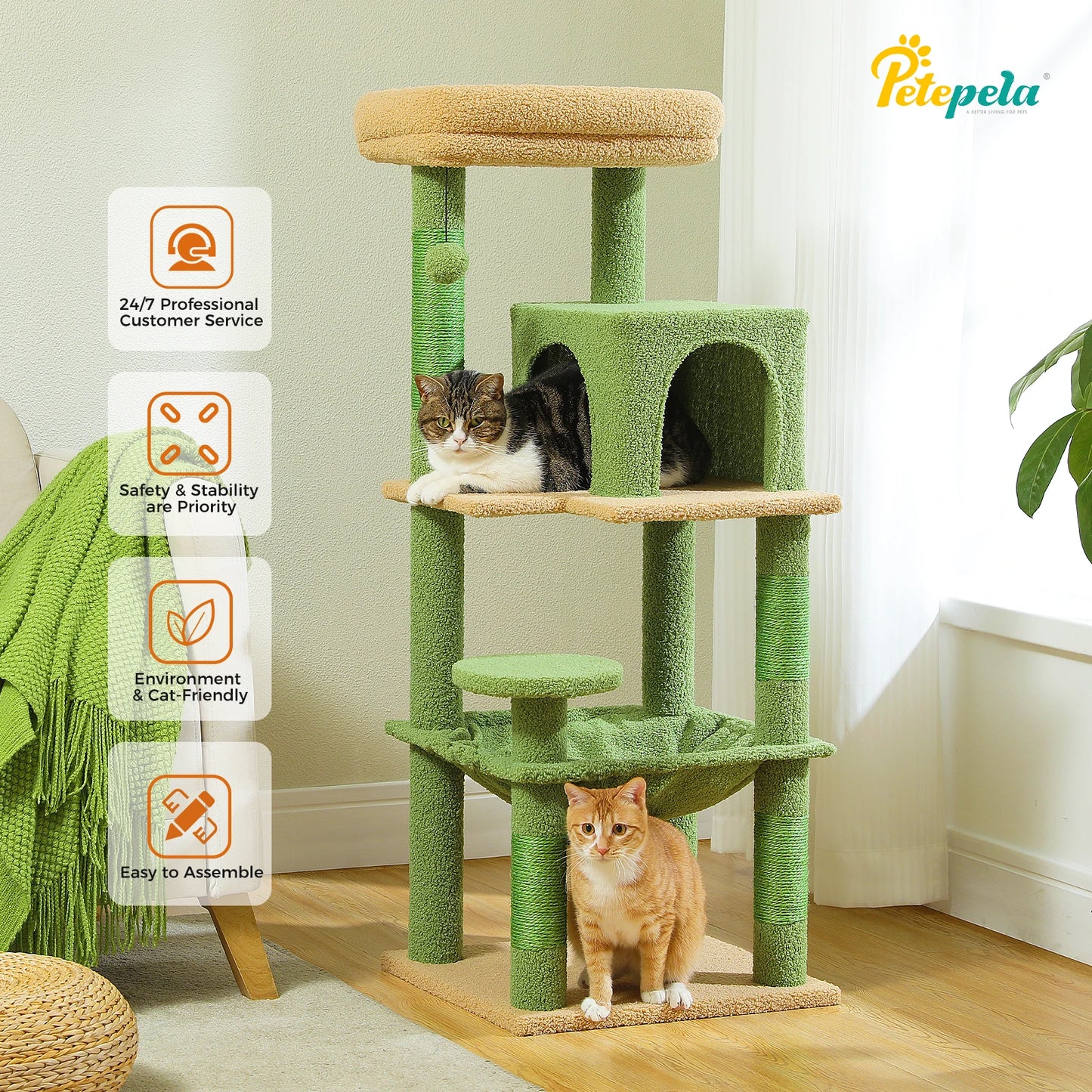 5-Level Cat Tree Tower with Hammock & Top Perch - front view