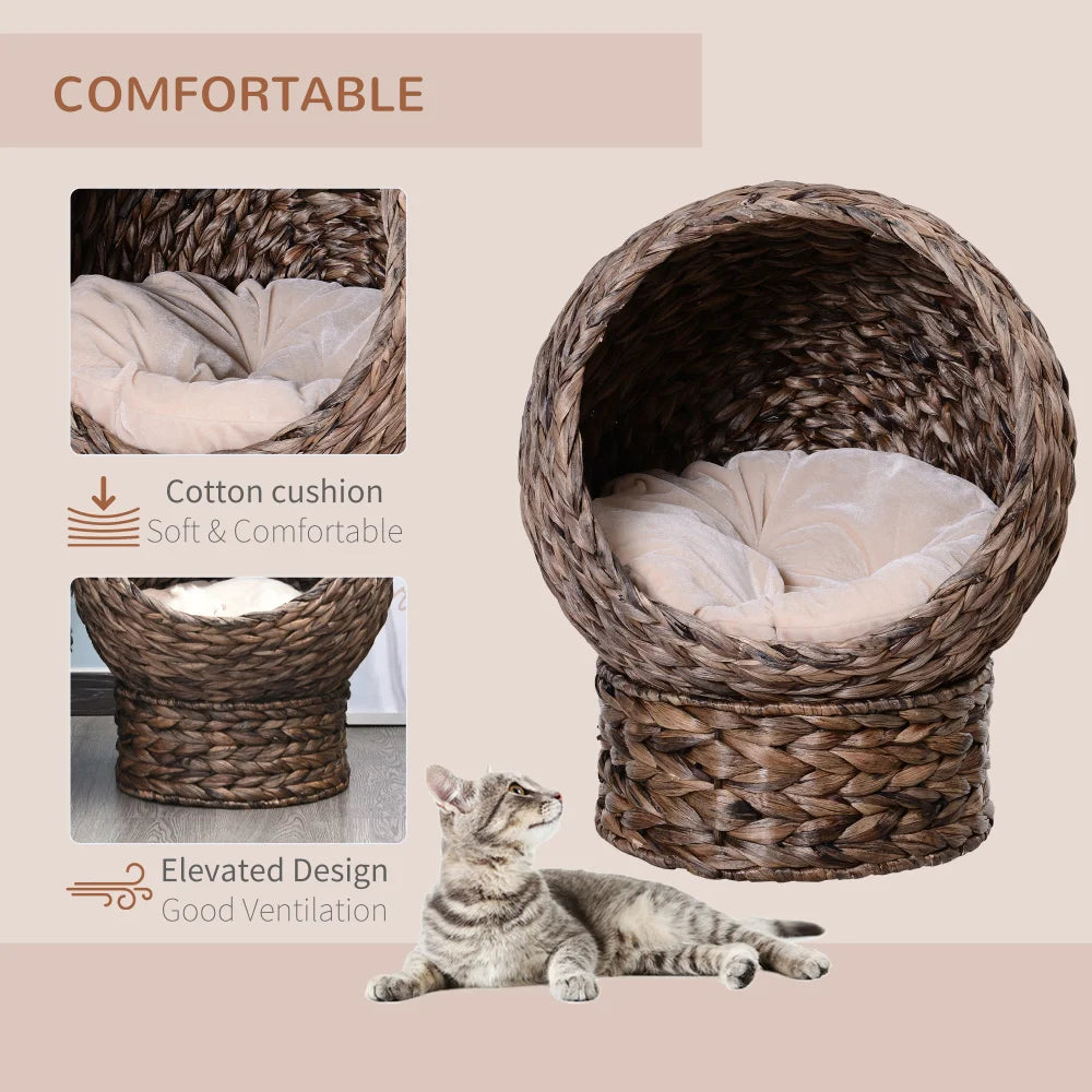 PawHut Handwoven Elevated Cat Bed with Soft Cushion, Egg Chair Shape, Stand, 23.5" H, Grey for Indoor Cats