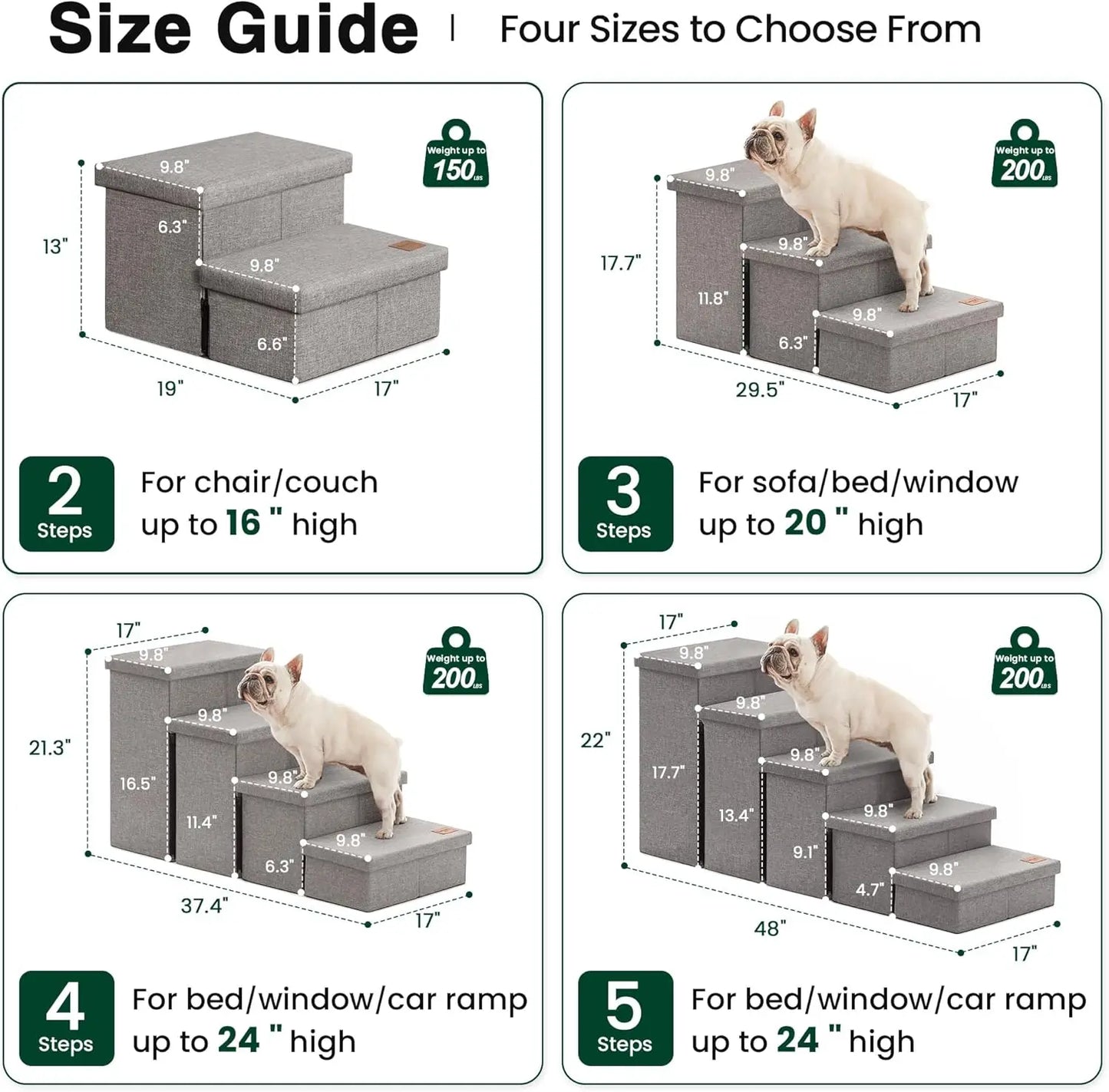 Foldable Dog Stairs for High Bed 18" H, 3-Step Pet Ramp with Storage, Supports up to 200 lbs, Solid Grey