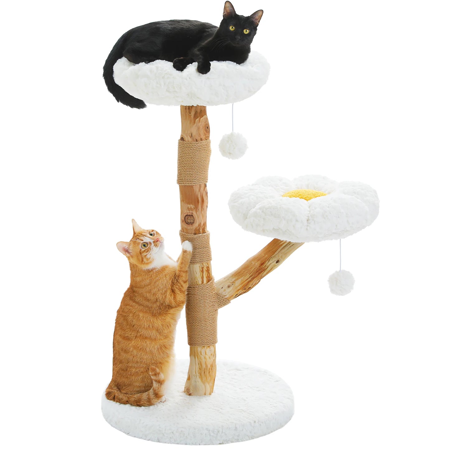 Modern Solid Wood Cat Tree with Wicker Basket & Condo