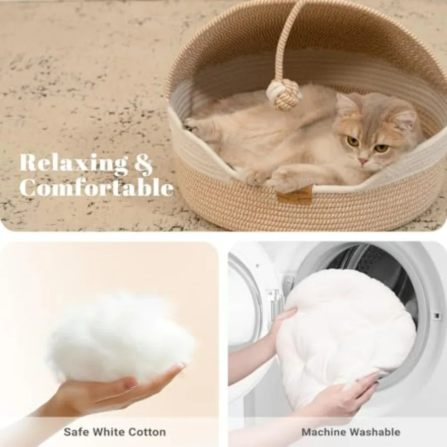 Cat Basket Bed with Washable Cushion and Ball Rope Cotton, Covered Pet Bed for Indoor Cats Cave Bed Hooded, Stimulicat Cat Bed