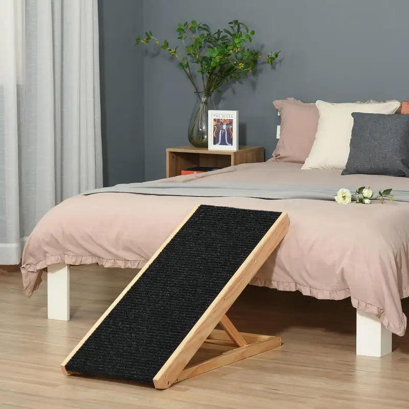 PawHut Elevated Dog Ramp for Bed, Foldable and Height Adjustable Pet Ramp for Cats with Non-Slip Finish, Pine 35.5" L x 16" W x 24" H, Black