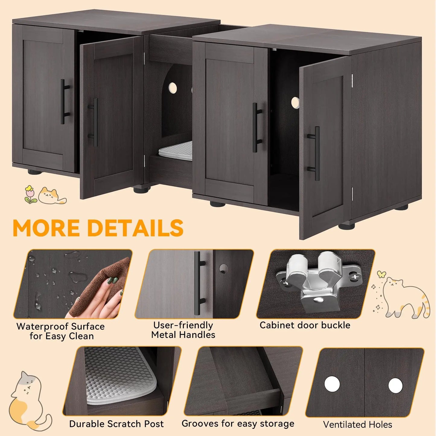 Cat Litter Box Enclosure for 2 Cats, 55" Hiddden Litter Box Enclosure Furniture 3-in-1 Wooden Litter Cabinet with Barn Door & Do