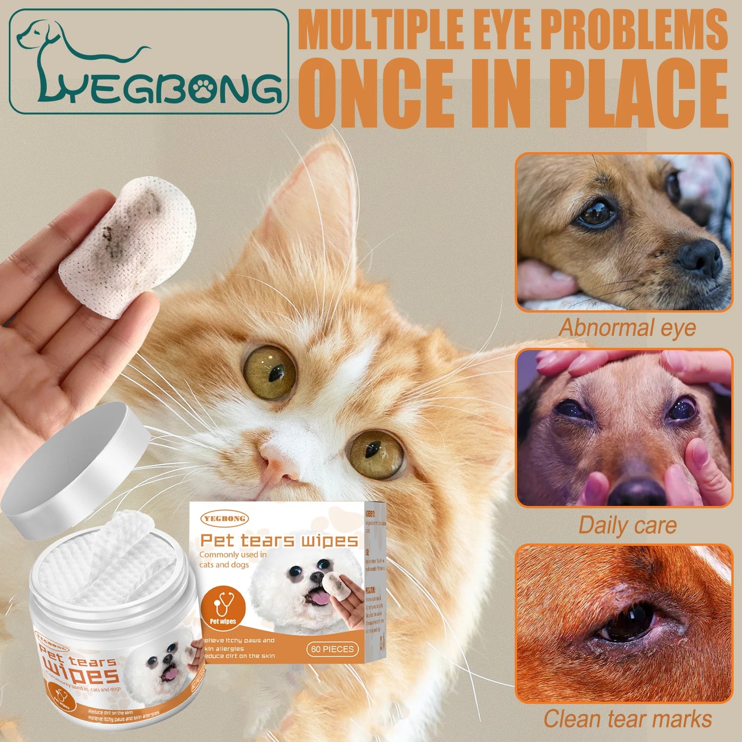 YEGBONG Pet Eye Wipe for Cats Dogs Remove Tear Marks Stain Cleaning Relieve Discomfort Deodorizing Eye Grooming Pets Wet Tissues