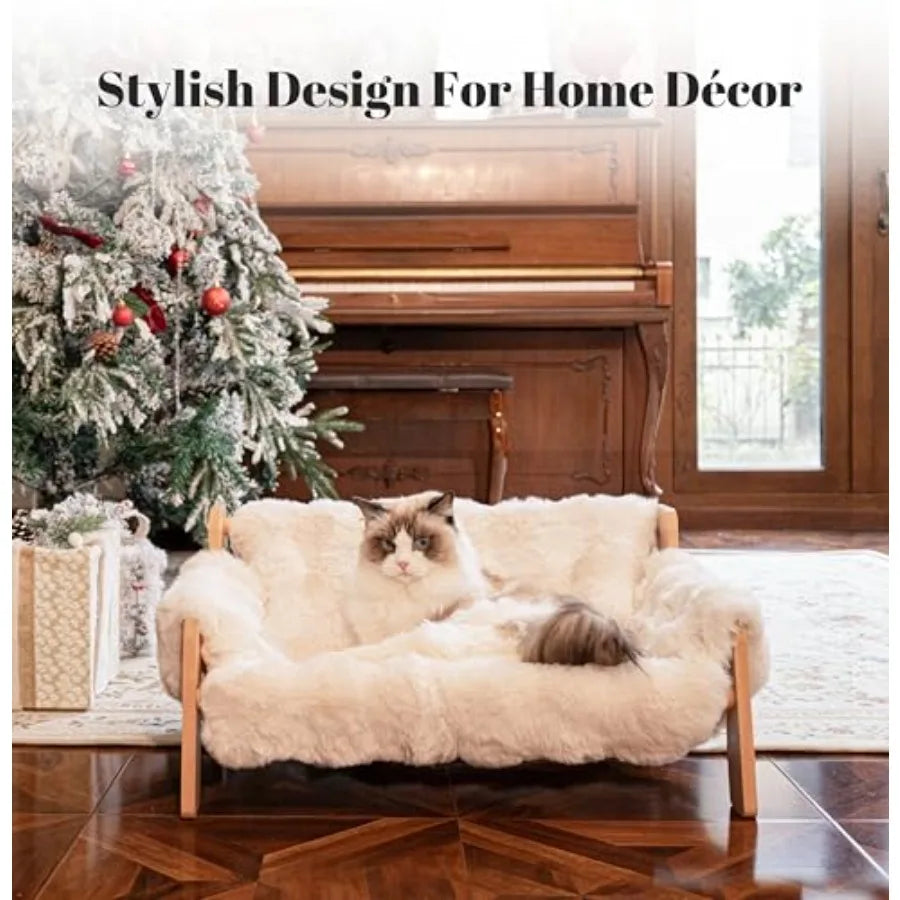 Elevated Cat Couch Bed for Indoor Cats, Wooden Cat Sofa with Removable Washable Fluffy Cover Raised Kitty Lounge Chair Suitable