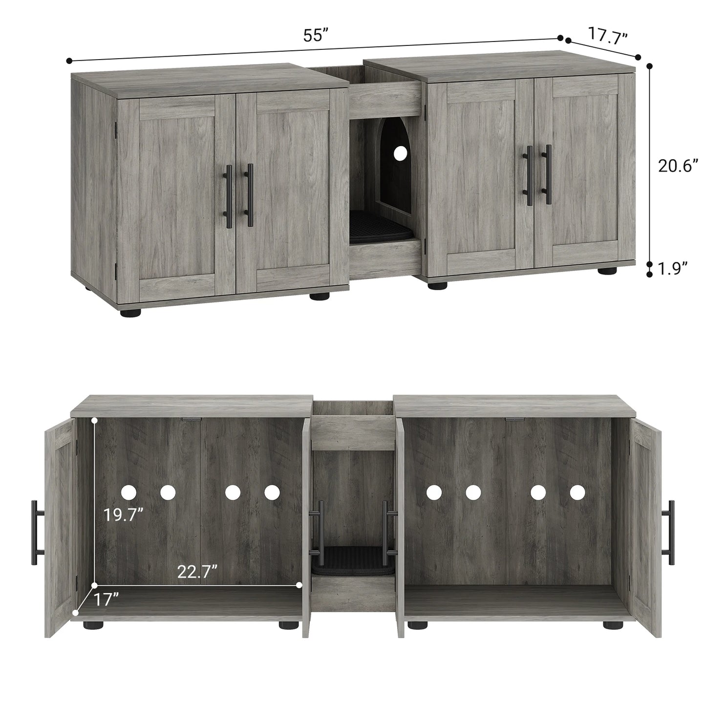 Cat Litter Box Enclosure for 2 Cats, 55" Hiddden Litter Box Enclosure Furniture 3-in-1 Wooden Litter Cabinet with Barn Door & Do