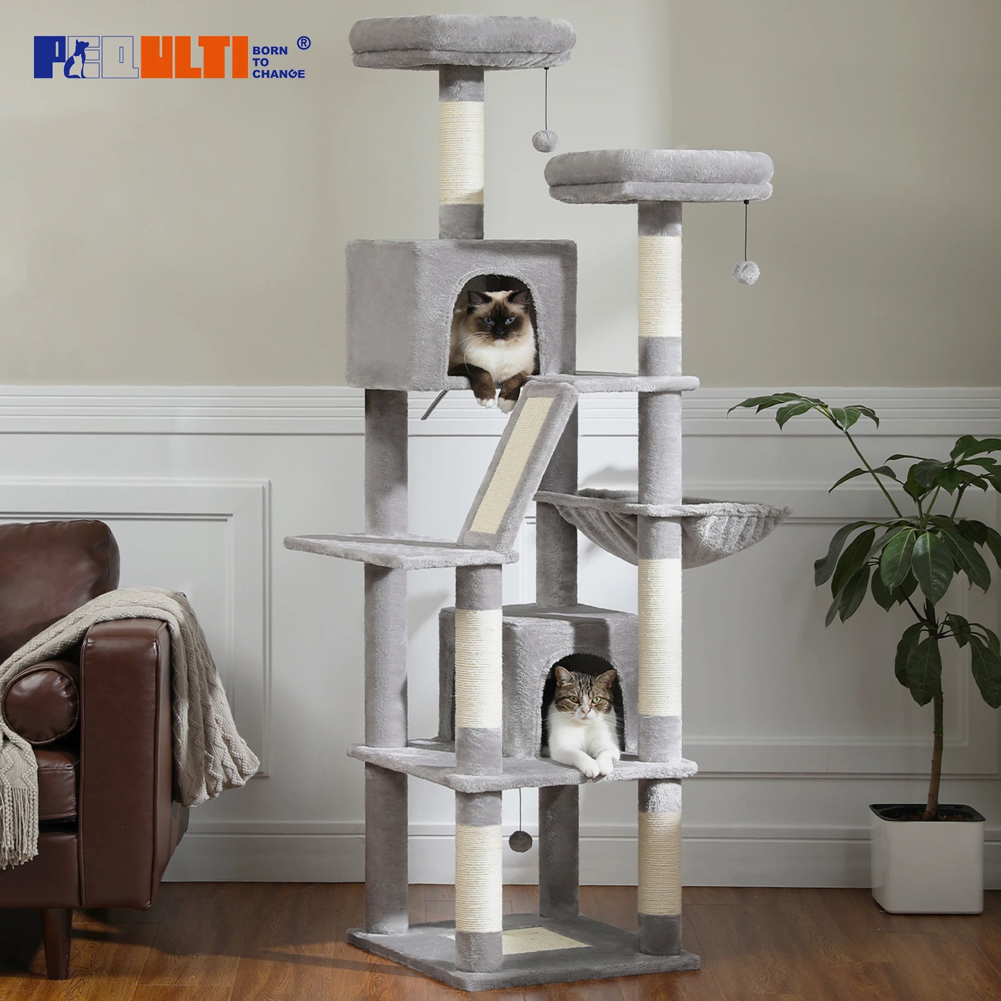 Large Multi-Level Cat Tree with Plush Condos, Perches & Caves - front view