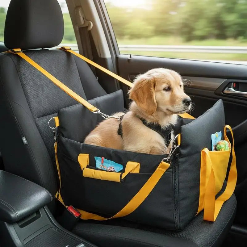 Dog car seat, dog booster seat with side handles and storage bag, attachable safety leash and PP cotton filling, dog car bed for small dogs up to 25 lbs, black