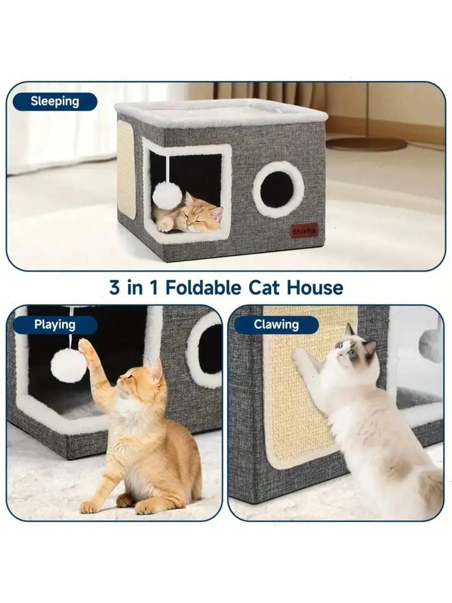 Foldable 4-Season Cat Play Cube with Bed & Tunnel