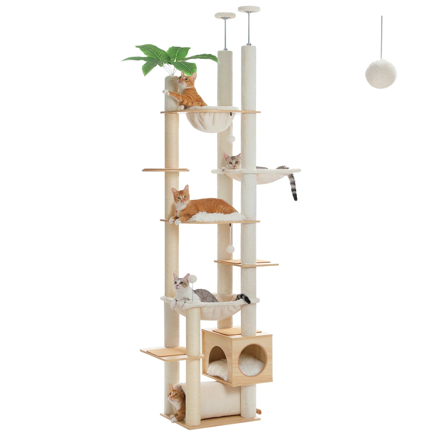 Height-Adjustable Wooden Cat Tree with Hammock & Sisal Posts